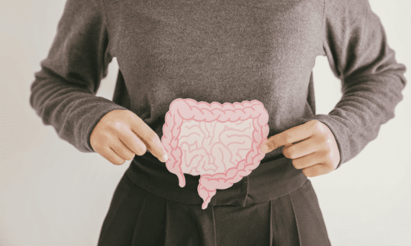 A person holds the pink Lorem illustration of human intestines in front of their stomach, wearing a grey sweater and black pants.